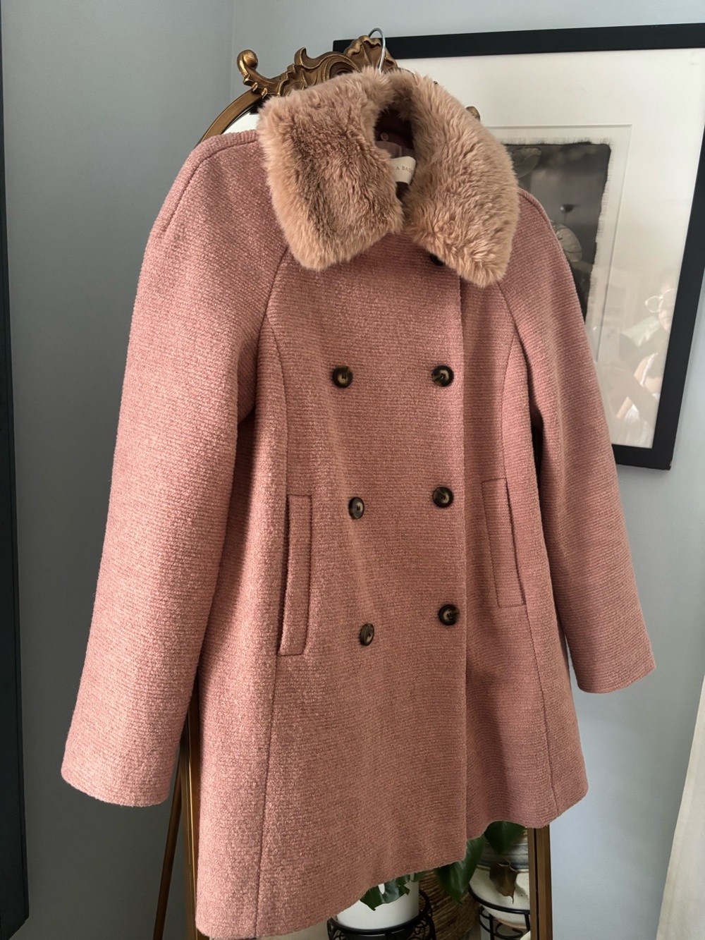 Zara Dusty Pink Double-Breasted Pea Coat with Faux Fur Collar M